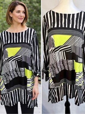 IC by Connie K  Multi Stripe Art Tie Sleeve Tunic Made in USA Sz M🧡